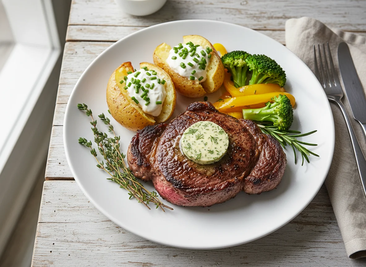 Rindersteak mit Ofenkartoffel, Brokkoli und Paprika photo