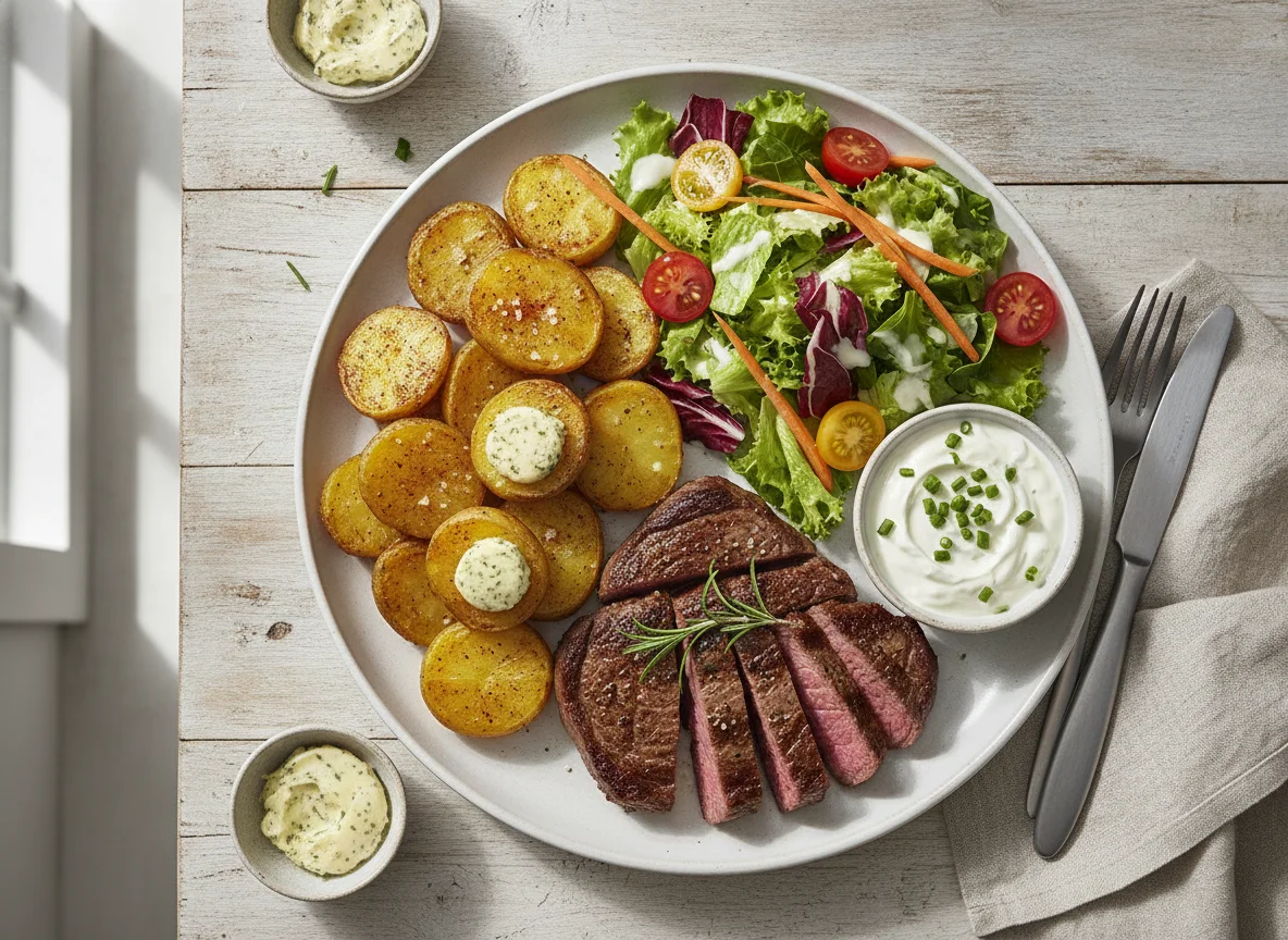 Rindersteak mit Ofenkartoffel und gemischtem Salat photo