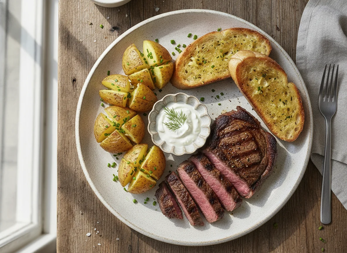Rindersteak mit Ofenkartoffel und Knoblauchbrot photo