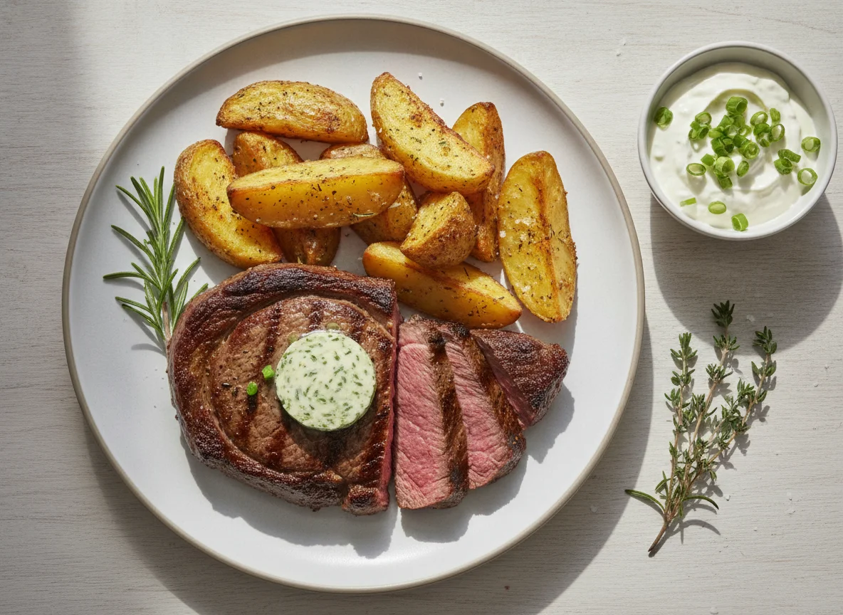 Rindersteak mit Ofenkartoffel und Kräuterbutter photo