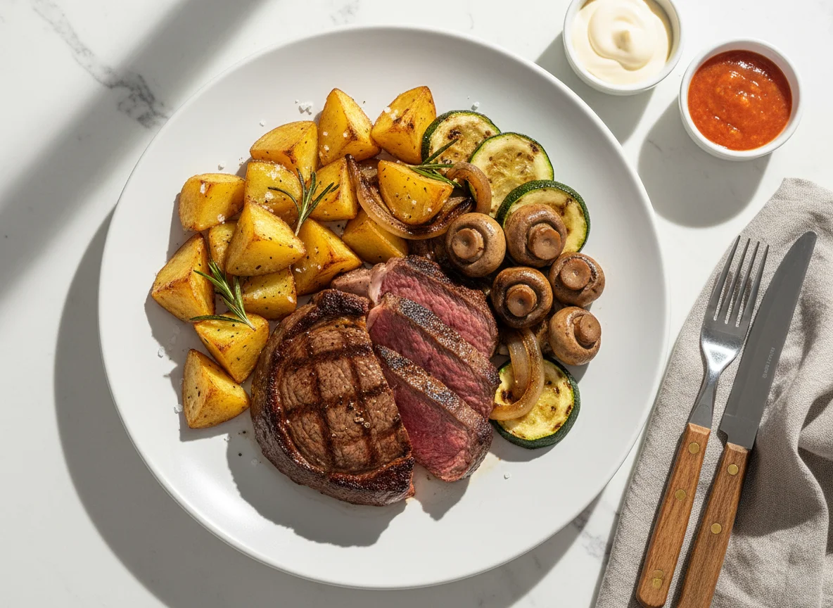 Rindersteak mit Ofenkartoffeln, Champignons, Zucchini und Saucen photo