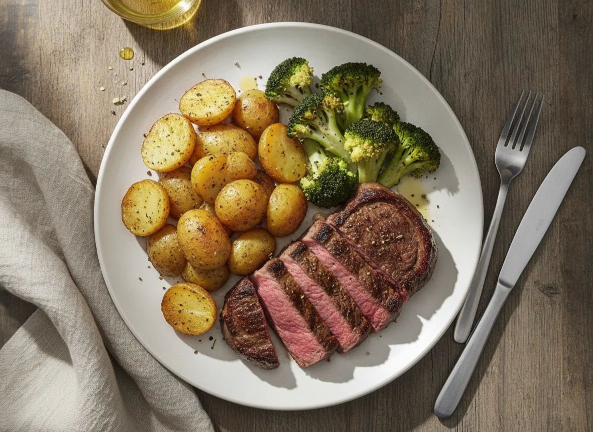 Rindersteak mit Ofenkartoffeln und Brokkoli photo
