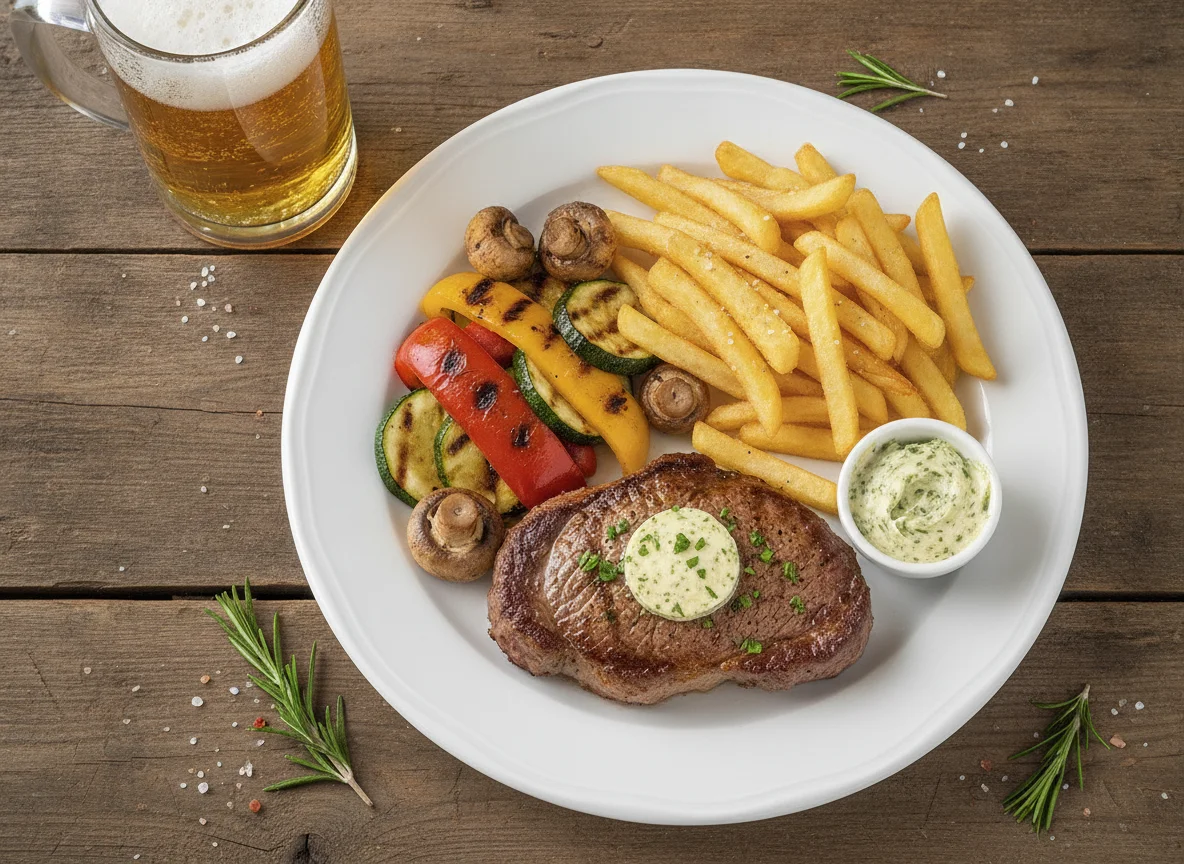 Rindersteak mit Pommes Frites und Grillgemüse photo