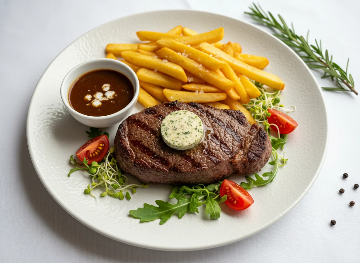 Rindersteak mit Pommes Frites und Sauce photo