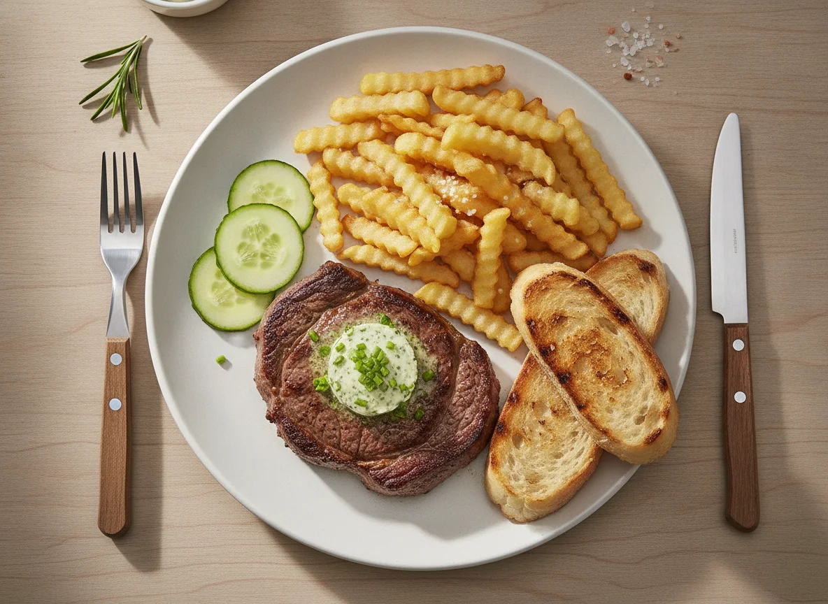 Rindersteak mit Pommes und Kräuterbutter photo