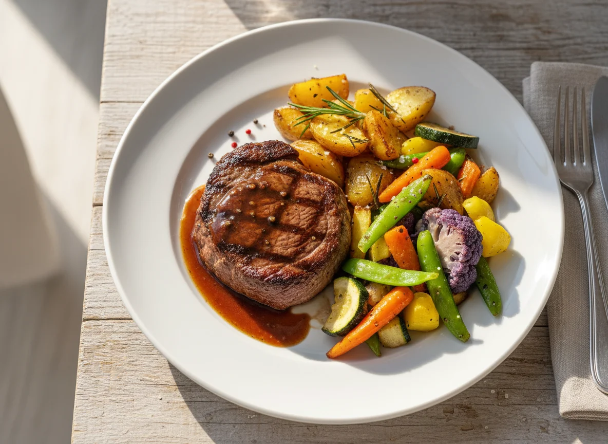 Rindersteak mit Rosmarinkartoffeln und Gemüse photo