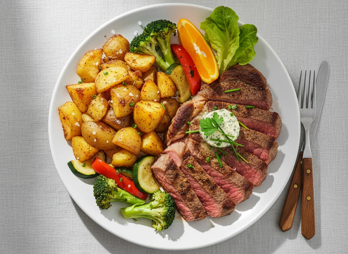 Rindersteak mit Röstkartoffeln und Brokkoli photo