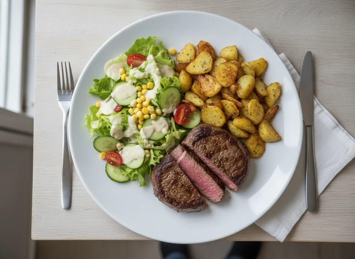 Rindersteak mit Röstkartoffeln und gemischtem Salat photo