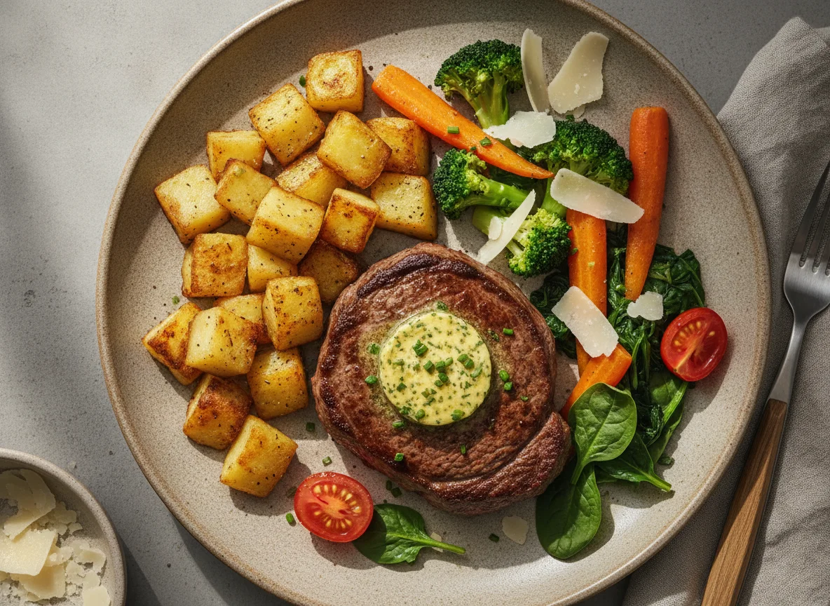 Rindersteak mit Röstkartoffeln und Gemüse photo