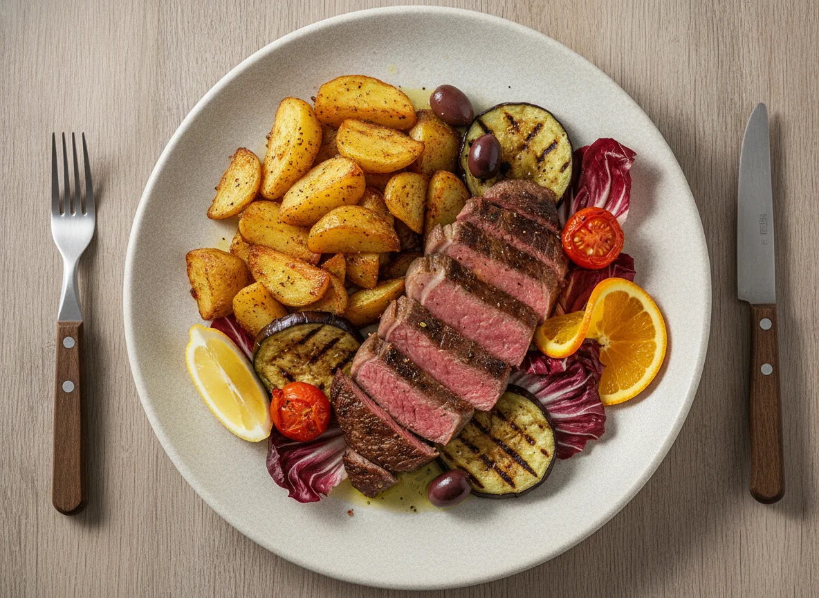 Rindersteak mit Röstkartoffeln und Grillgemüse photo