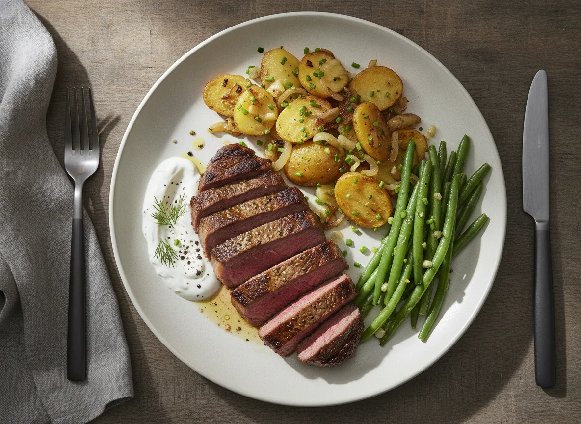 Rindersteak mit Röstkartoffeln und grünen Bohnen photo