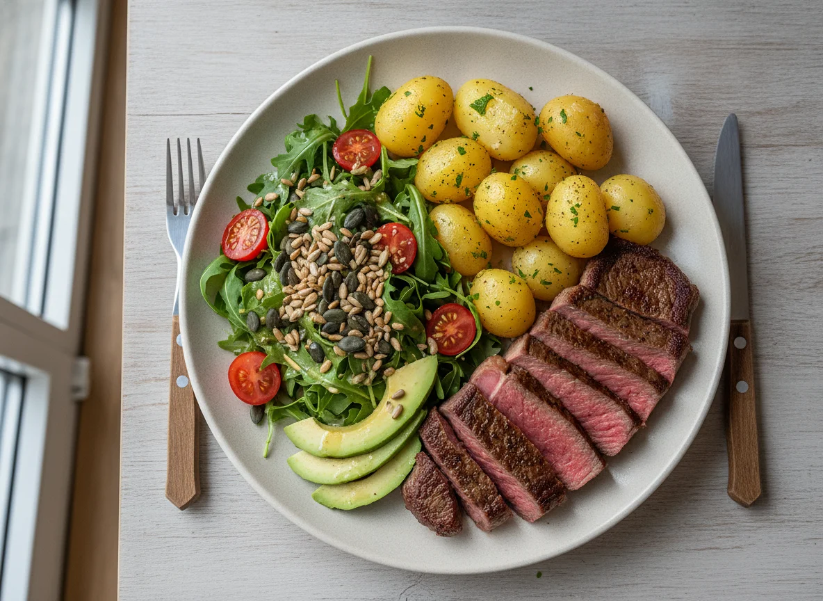 Rindersteak mit Salzkartoffeln und gemischtem Salat photo