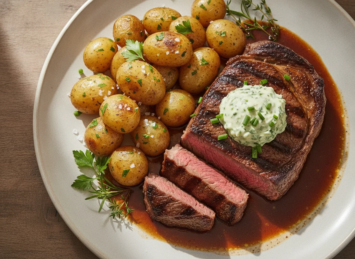 Rindersteak mit Salzkartoffeln und Kräuterbutter photo