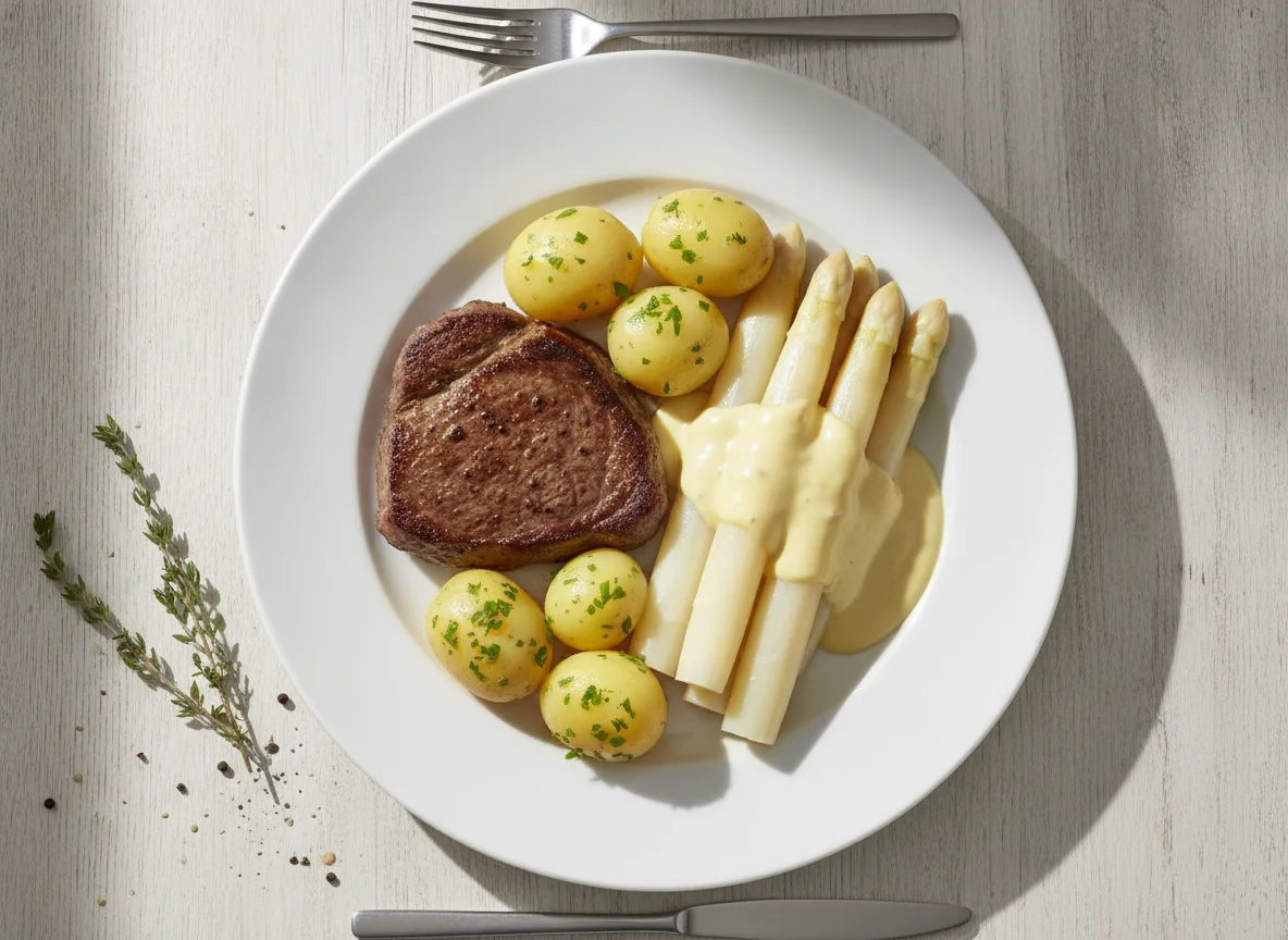 Rindersteak mit Spargel, Kartoffeln und Sauce Hollandaise photo