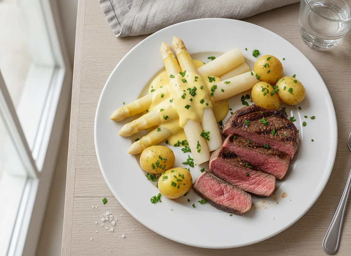 Rindersteak mit Spargel, Salzkartoffeln und Sauce Hollandaise photo