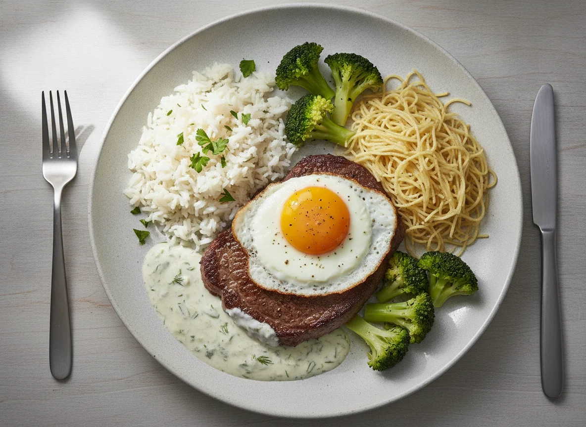Rindersteak mit Spiegelei, Brokkoli, Reis, Nudeln und Joghurtsauce photo