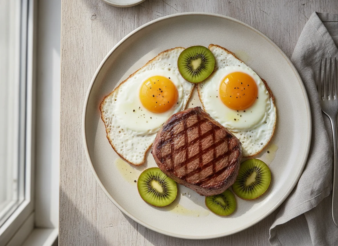 Rindersteak mit Spiegeleiern und Kiwi photo