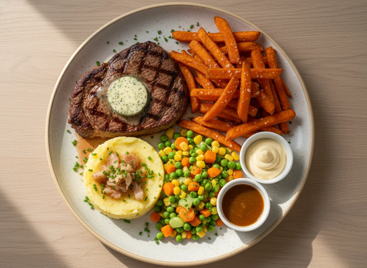 Rindersteak mit Süßkartoffelpommes, Kartoffelstampf und Gemüse photo