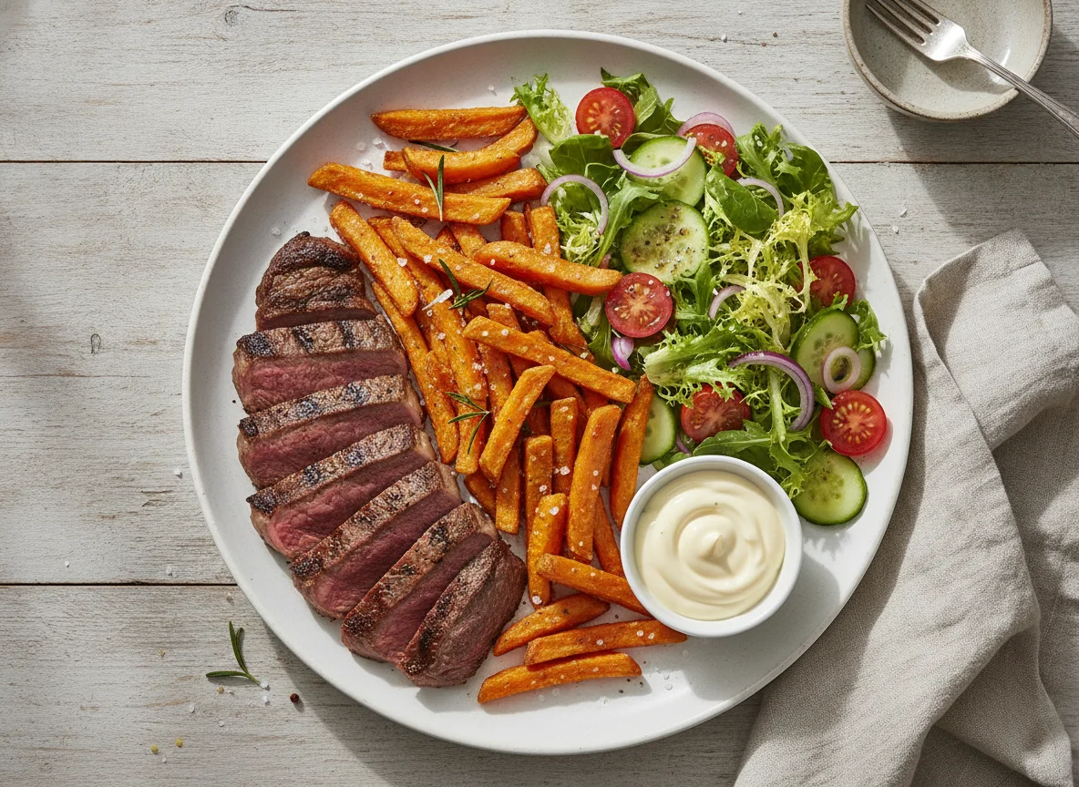 Rindersteak mit Süßkartoffelpommes und Beilagensalat photo