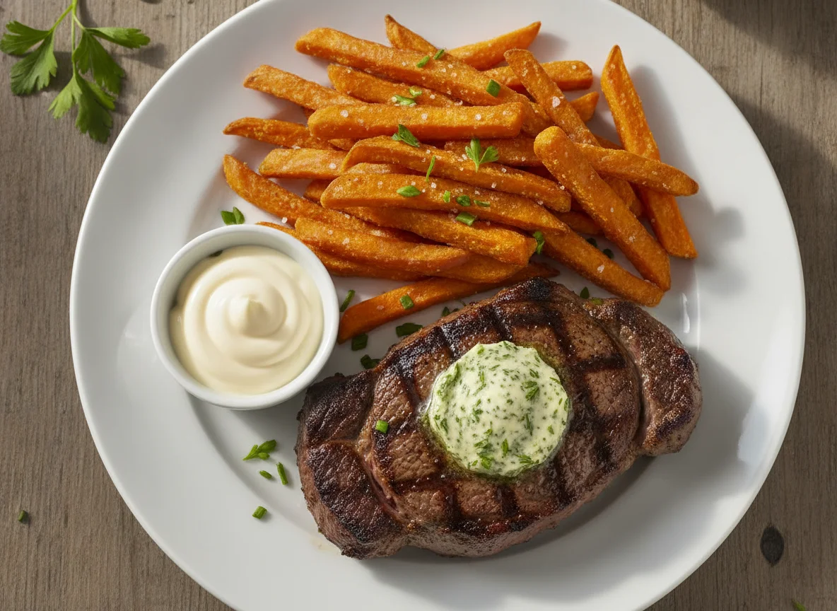Rindersteak mit Süßkartoffelpommes und Kräuterbutter photo