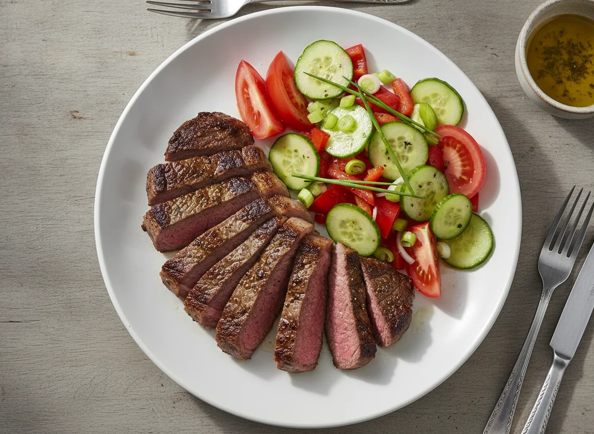 Rindersteak mit Tomaten-Gurken-Salat photo