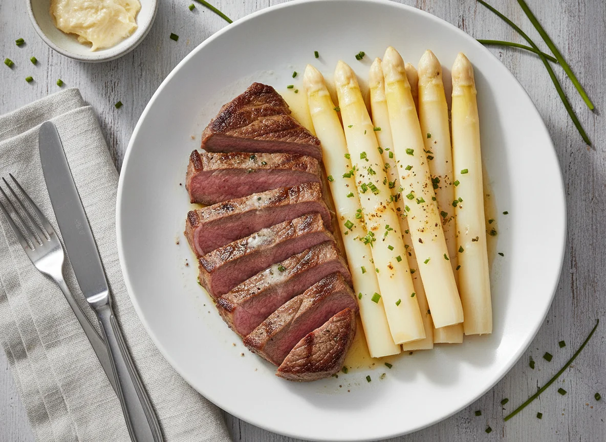 Rindersteak mit weißem Spargel photo