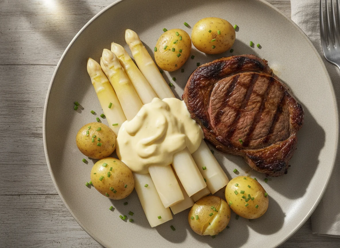 Rindersteak mit weißem Spargel, Salzkartoffeln und Sauce Hollandaise photo