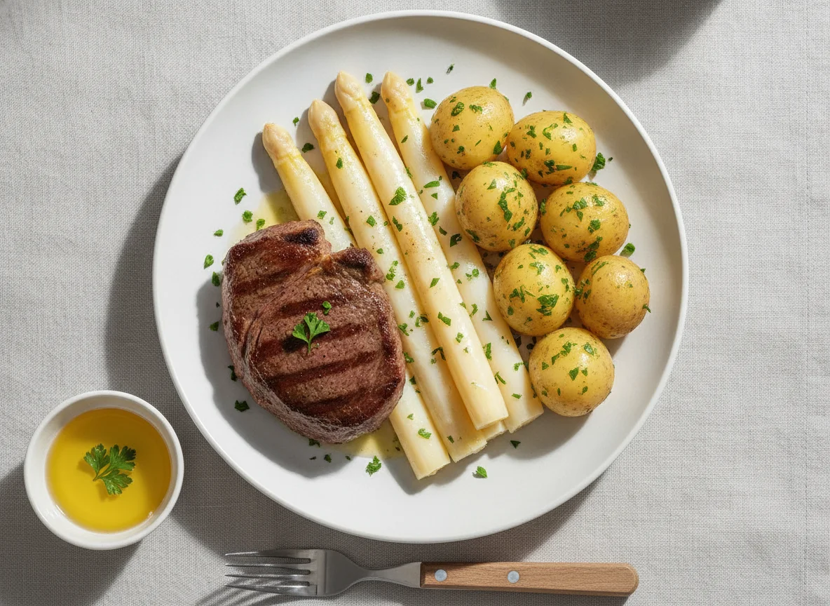 Rindersteak mit weißem Spargel und Salzkartoffeln photo
