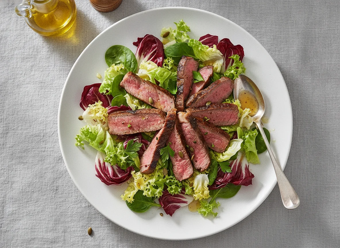 Rinderstreifen auf gemischtem Salat photo