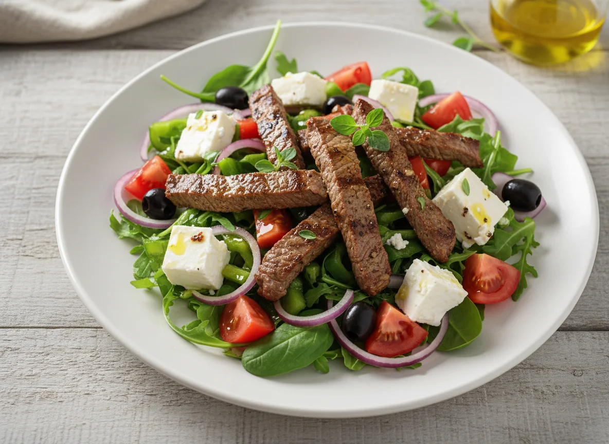 Rinderstreifen mit griechischem Salat photo