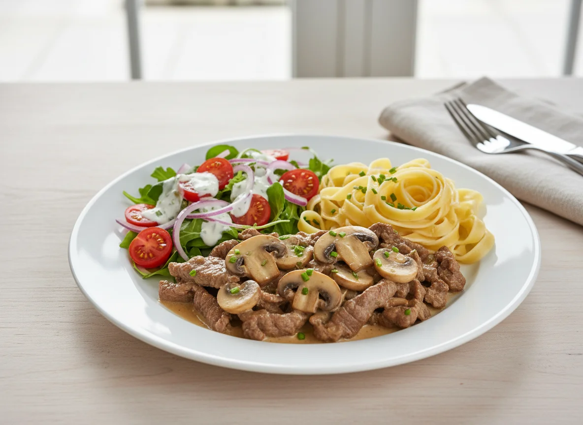 Rinderstreifen mit Pilzrahmsoße, Tagliatelle und Tomaten-Zwiebel-Salat photo