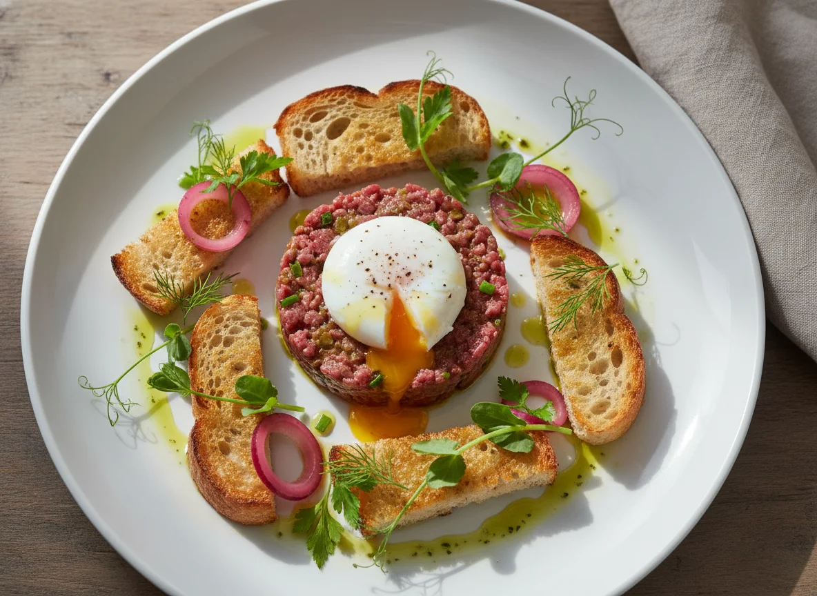 Rinder-Tartar mit pochiertem Ei und Röstbrot photo