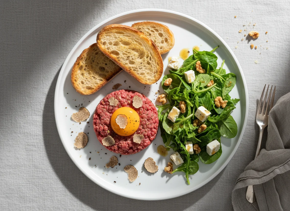 Rindertatar mit Salat und Brot photo