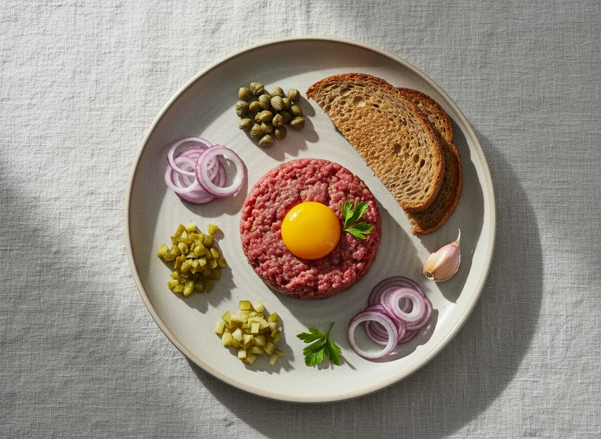 Rindertatar mit Toast und Beilagen photo