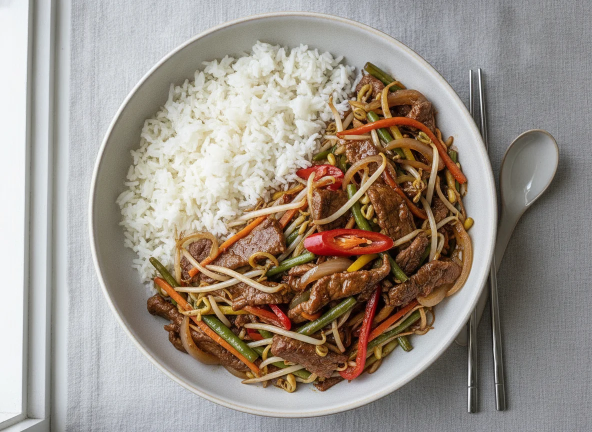 Rindfleisch Chop Suey mit Reis photo