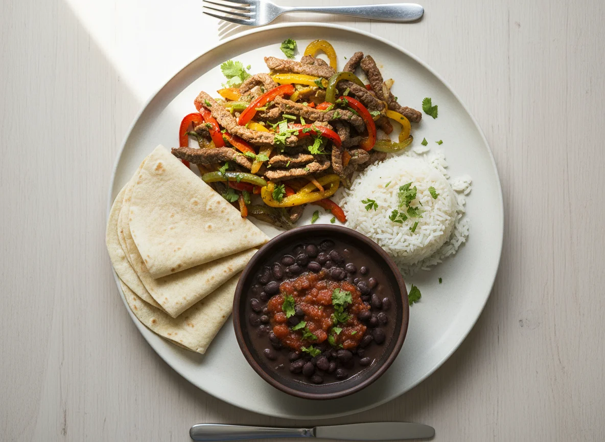 Rindfleisch Fajita mit Reis und Bohnen photo