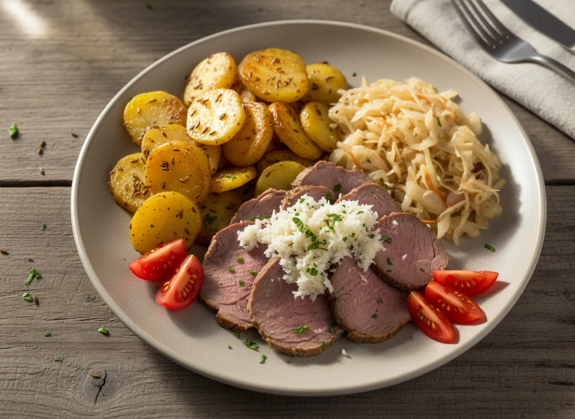 Rindfleisch mit Bratkartoffeln und Krautsalat photo