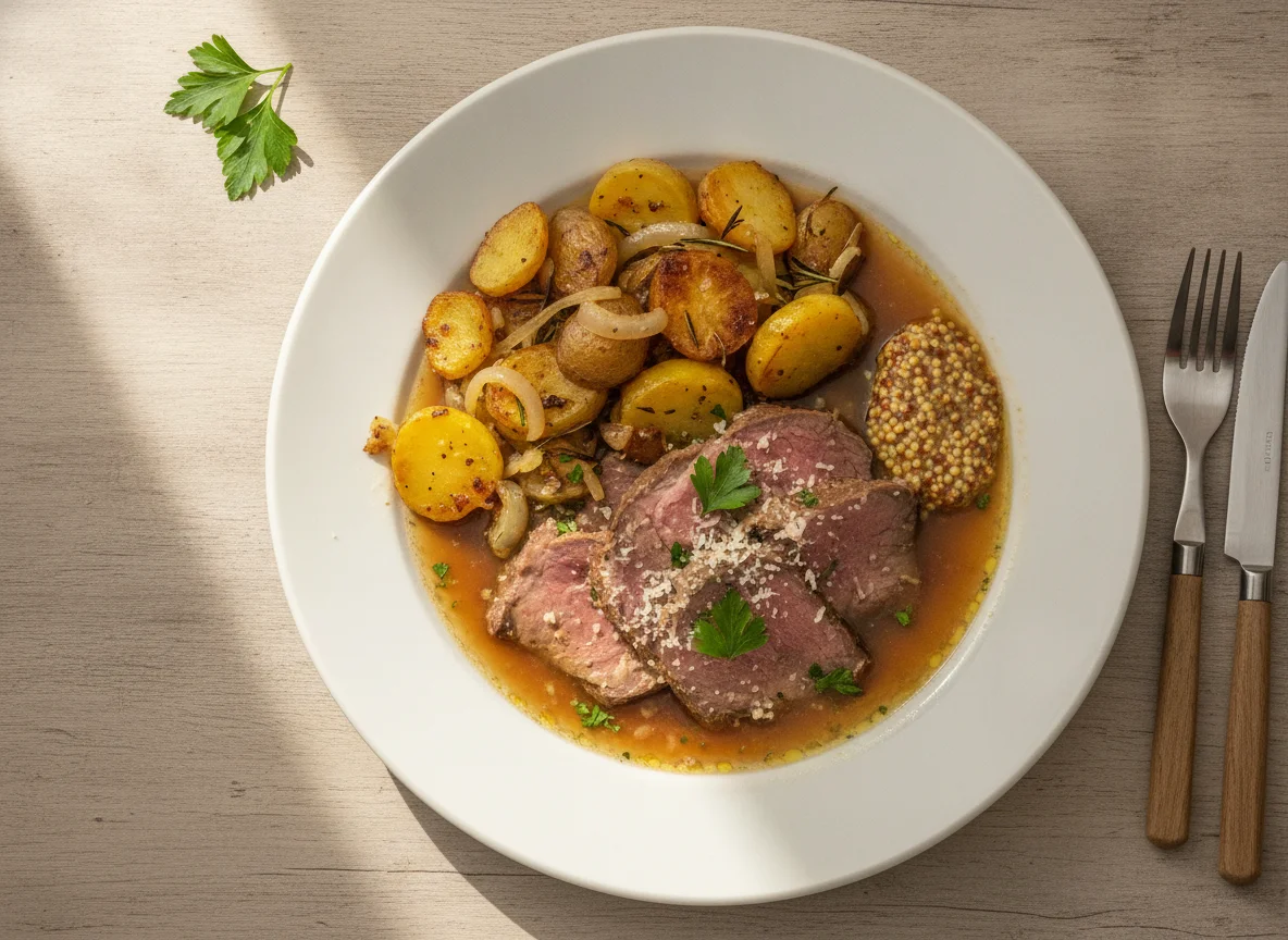 Rindfleisch mit Bratkartoffeln und Senf photo