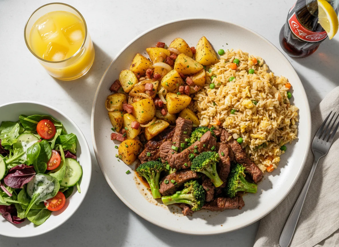 Rindfleisch mit Brokkoli, gebratenem Reis, Kartoffeln und Beilagen photo