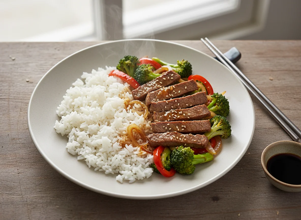 Rindfleisch mit Brokkoli und Reis photo