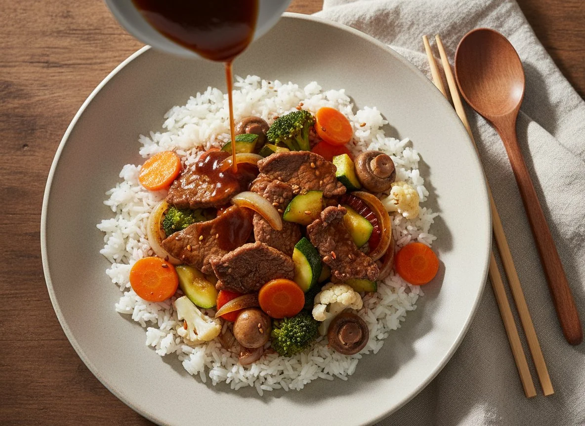 Rindfleisch mit Gemüse und Reis photo