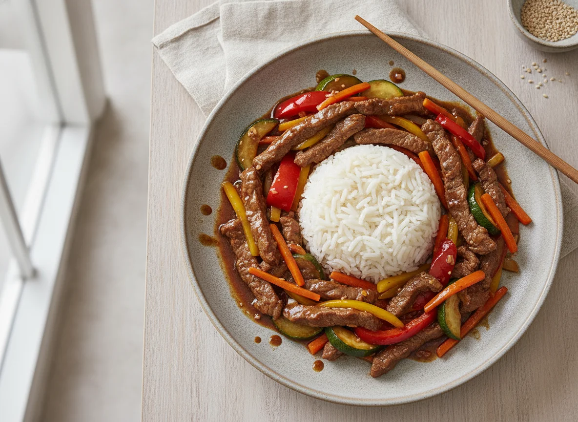 Rindfleisch mit Gemüse und Reis in dunkler Sauce photo