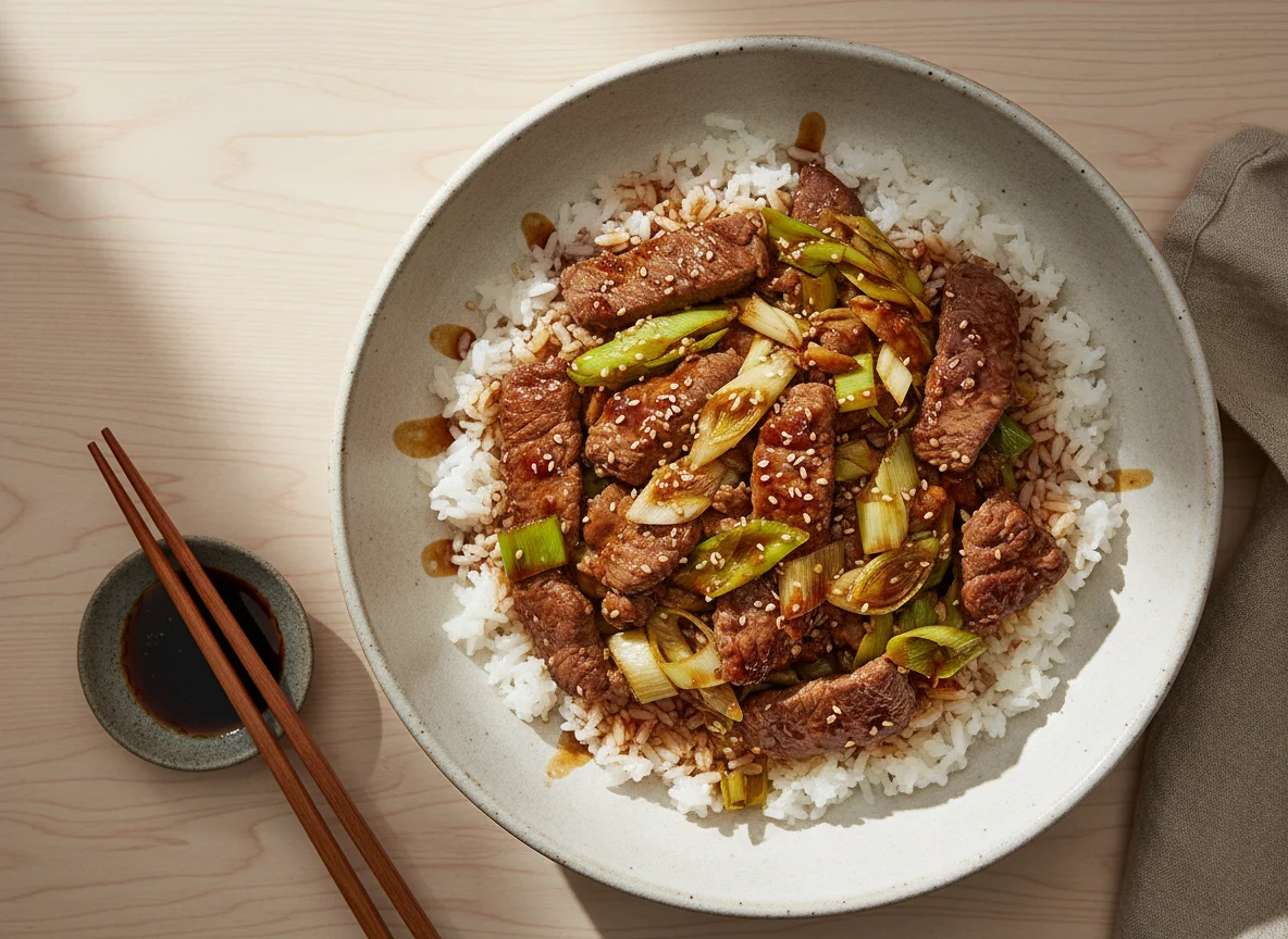 Rindfleisch mit Lauch und Reis photo