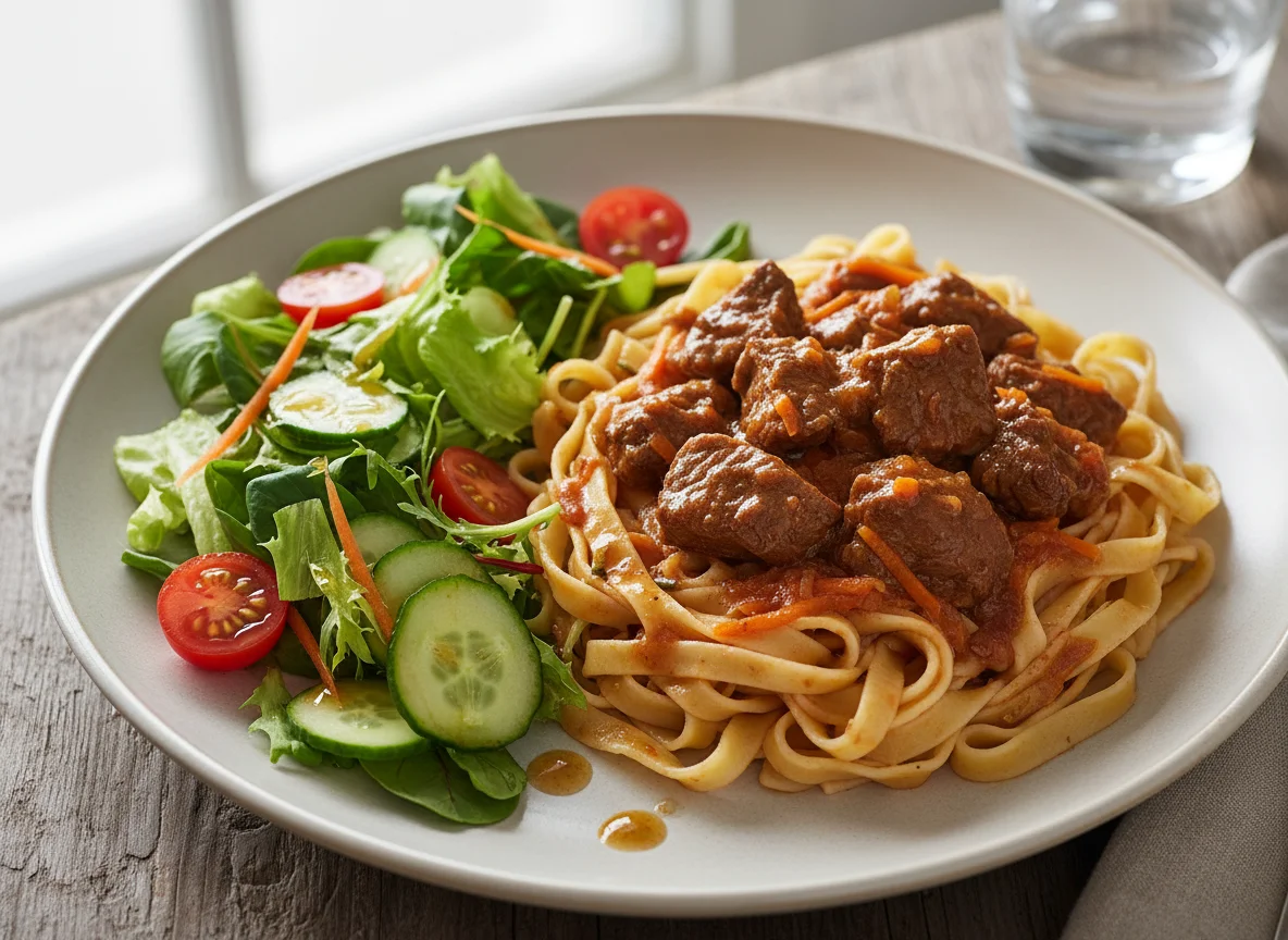 Rindfleisch mit Nudeln und Salat photo