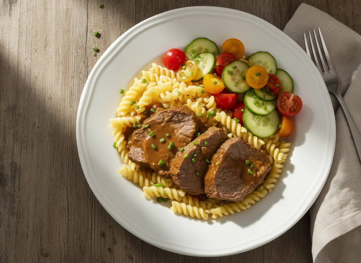 Rindfleisch mit Nudeln und Tomatensalat photo