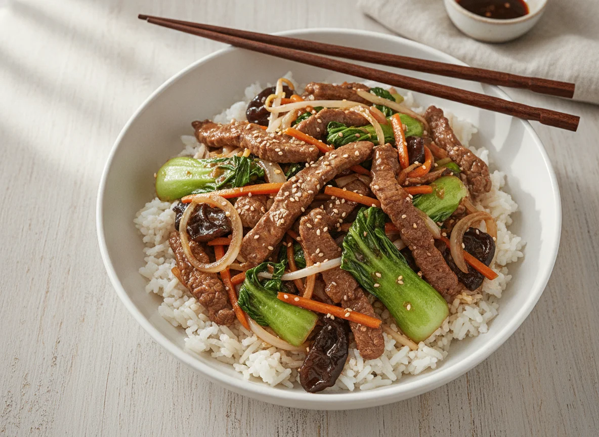 Rindfleisch mit Pak Choi und Reis photo