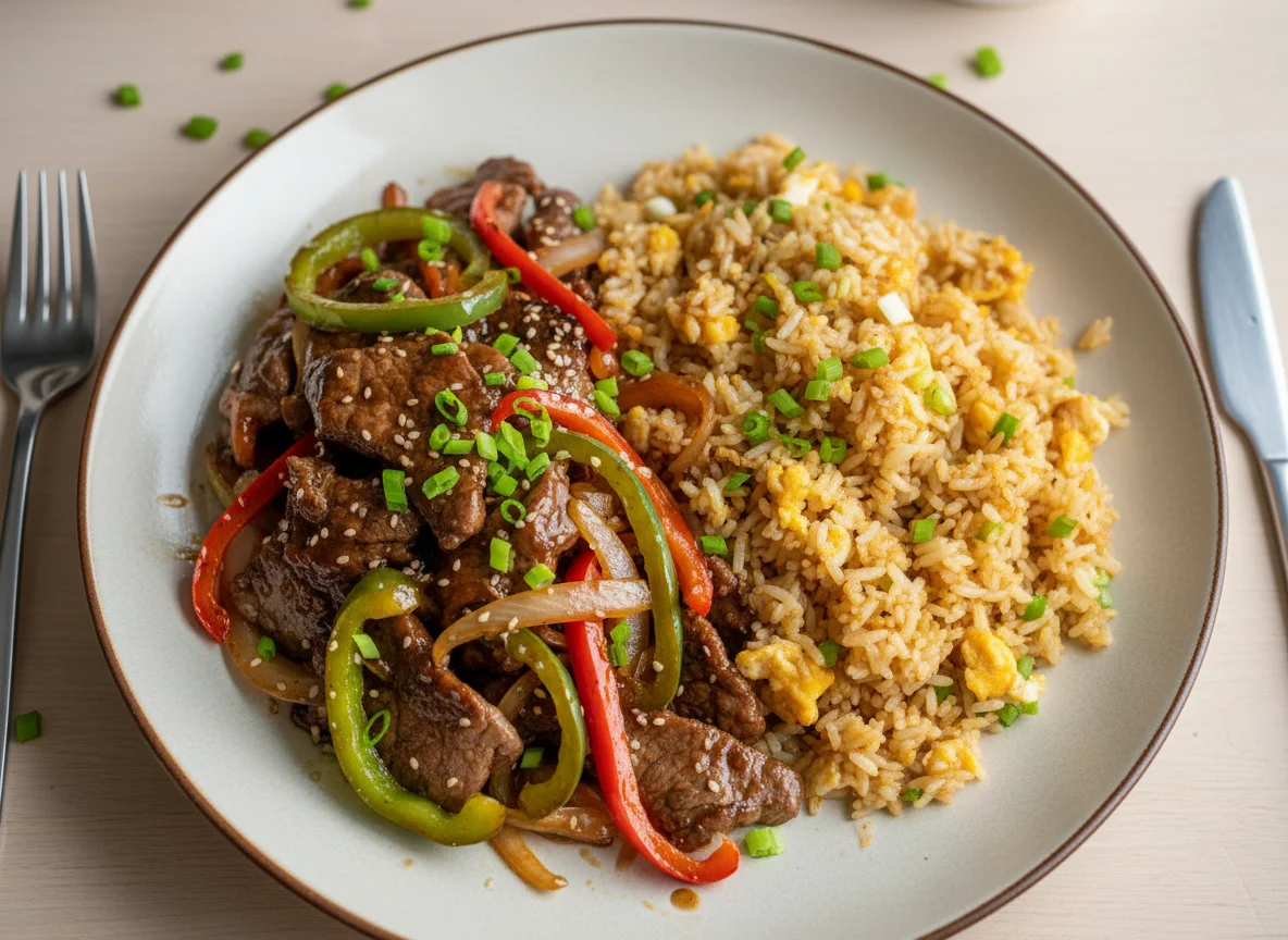 Rindfleisch mit Paprika und gebratenem Reis photo