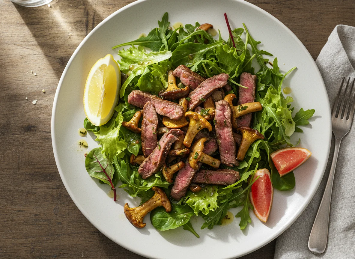 Rindfleisch mit Pilzen und Salat photo