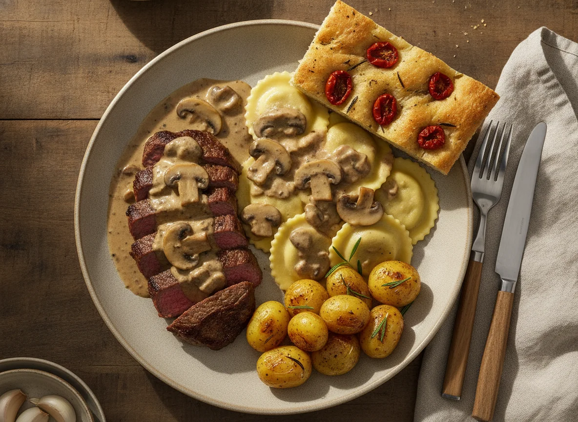Rindfleisch mit Pilzsauce, Ravioli, Kartoffeln und Focaccia photo