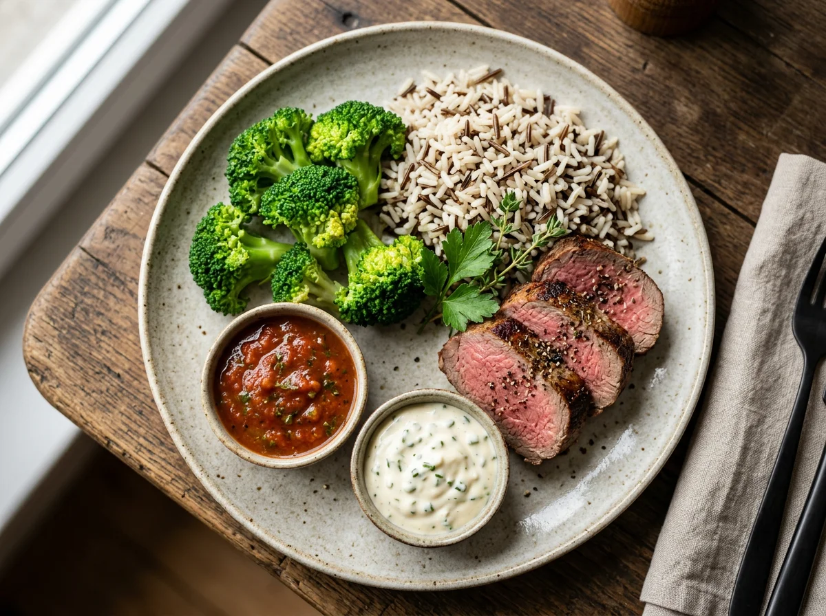 Rindfleisch mit Reis, Brokkoli und Saucen photo